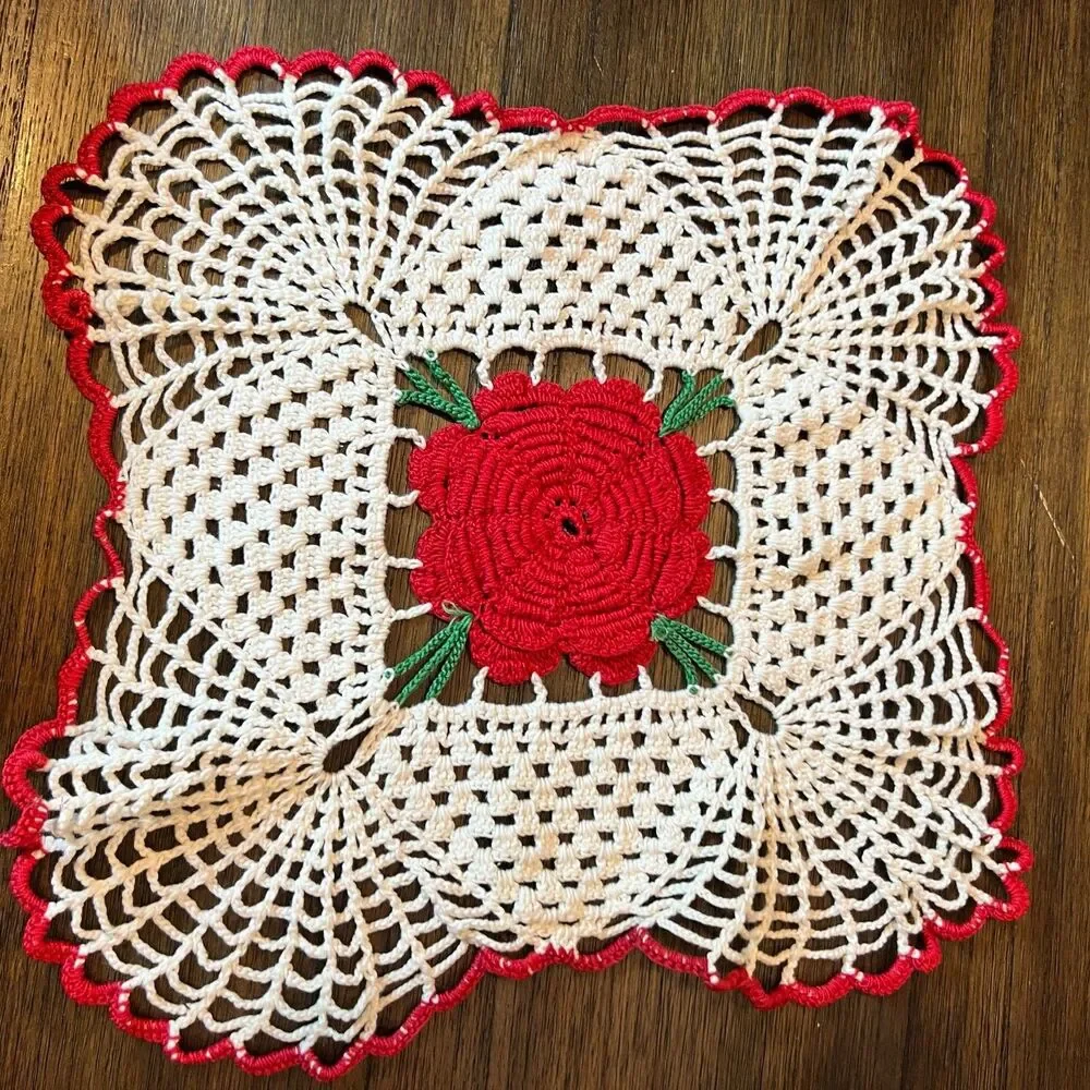 Vintage red rose handmade doily home decor pillow top crafts lace craft grandma